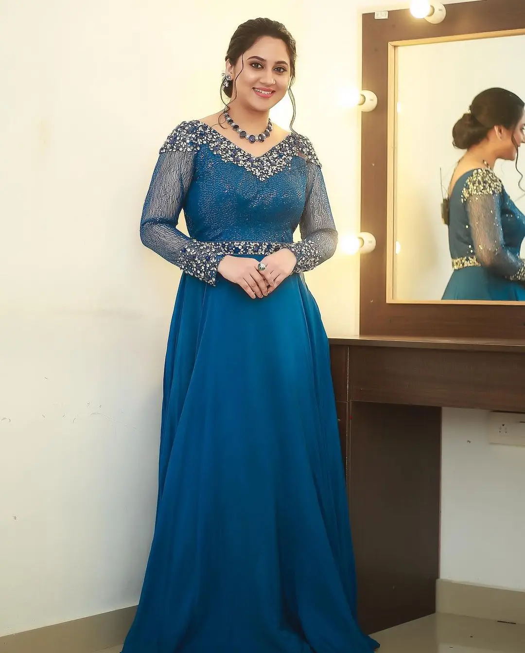 Miya George Wearing Beautiful Earring Jewellery Blue Dress